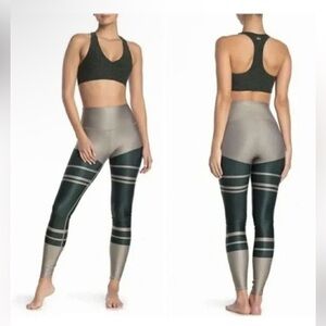 ALO Yoga gark green and tan/gold striped leggings